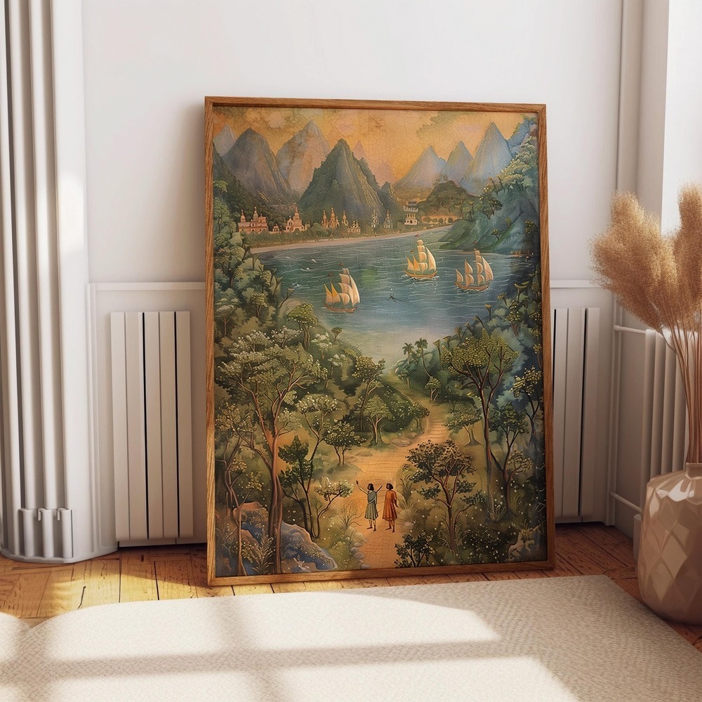 Lake And Mountain Indian Pichwai Art Poster - Indian Temple Wall Art